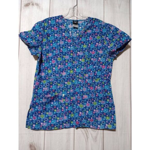 Cherokee Scrub‎ Top Ladies Small Blue Ditsy Floral - Picture 1 of 9